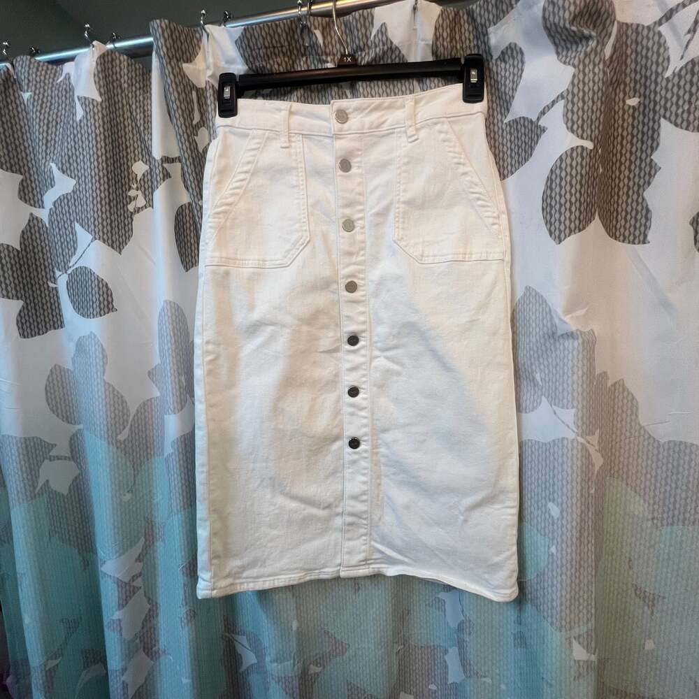 Paige Meadow Utility Patch Pockets Midi Denim Skirt Tonal Ecru NWOT Size 26